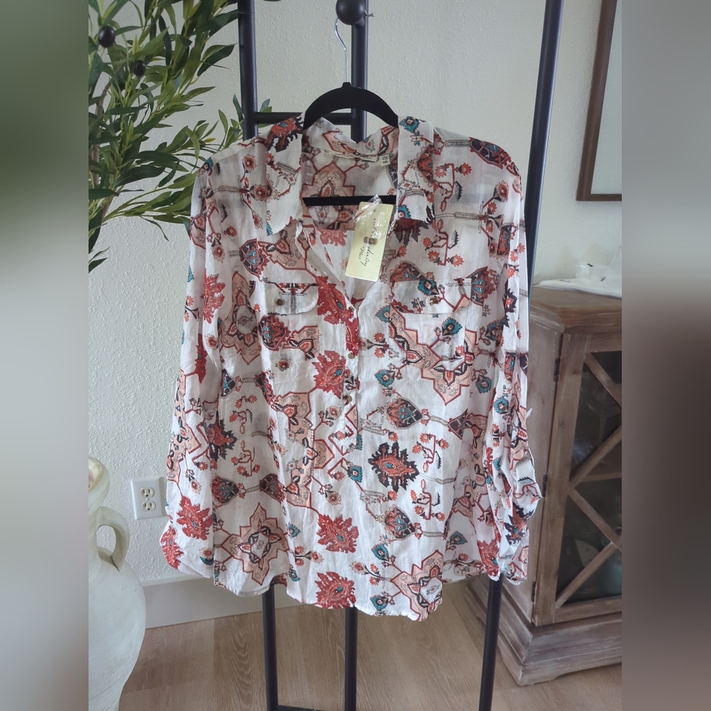 Cotton Daisy Button Down Shirt Lightweight roll tab sleeves Hipster Size 2X New